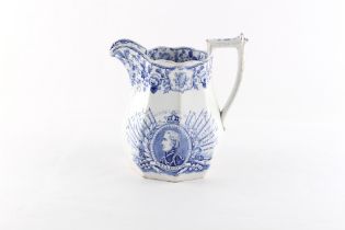 Property of a gentleman - a Victorian blue & white commemorative jug, printed with a portrait of the