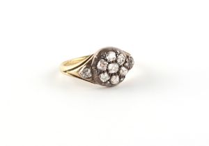 Property of a lady - a 19th century unmarked 18ct gold (tested) diamond cluster ring, with rub