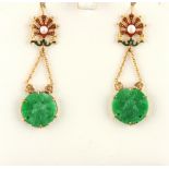 A pair of unmarked yellow gold carved jadeite enamel & seed pearl earrings, each approximately
