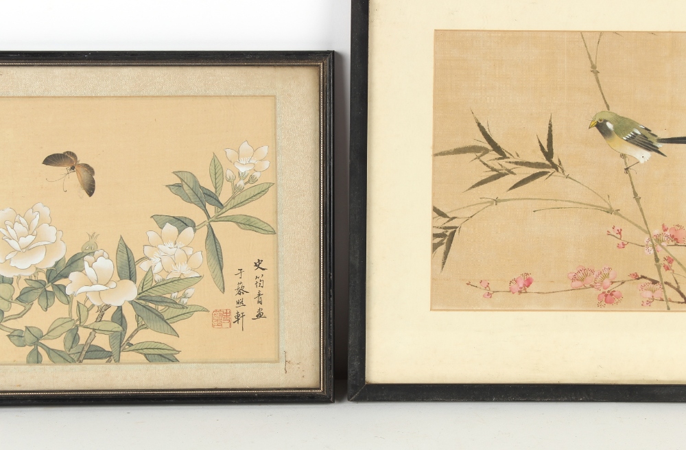 Property of a gentleman - a set of four Chinese paintings on silk depicting birds among flowering - Image 5 of 10