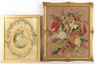 Property of a lady - a 19th century silkwork picture depicting a Harvest Girl, in glazed frame, 18.1