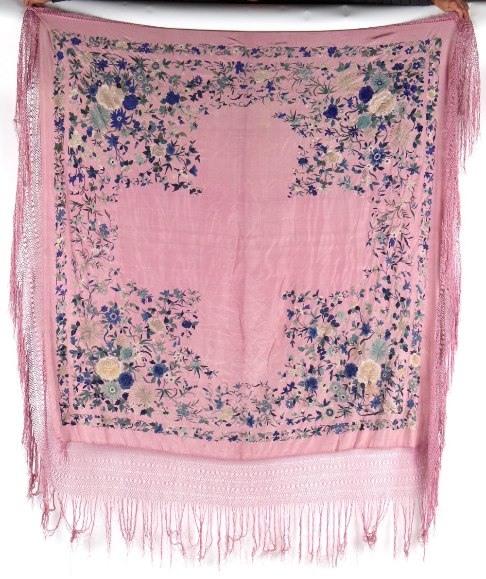Property of a lady - an early 20th century Chinese embroidered silk shawl, decorated with flowers on