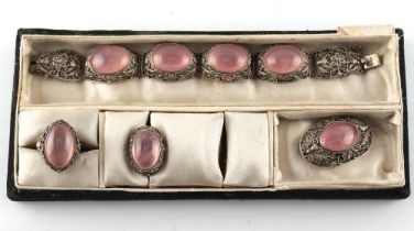 Property of a gentleman - a Chinese silver filigree & oval cabochon rose quartz suite of jewellery