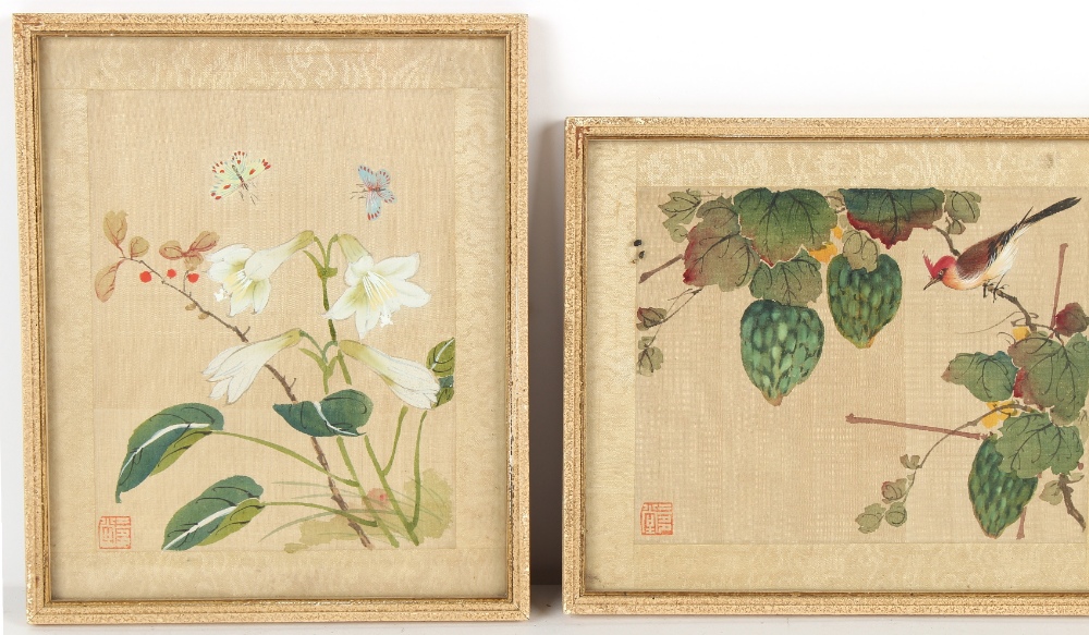 Property of a gentleman - a set of four Chinese paintings on silk depicting birds among flowering - Image 10 of 10
