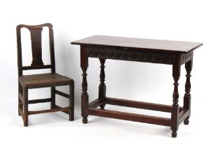 Property of a lady - an oak rectangular topped side table with carved frieze, parts 17th century,