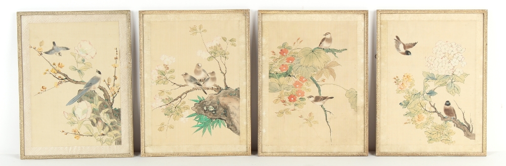 Property of a gentleman - a set of four Chinese paintings on silk depicting birds among flowering - Image 2 of 10