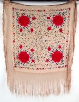 Property of a lady - an early 20th century Chinese embroidered silk shawl, with large crimson