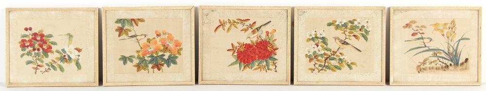 Property of a gentleman - a set of four Chinese paintings on silk depicting birds among flowering - Image 7 of 10