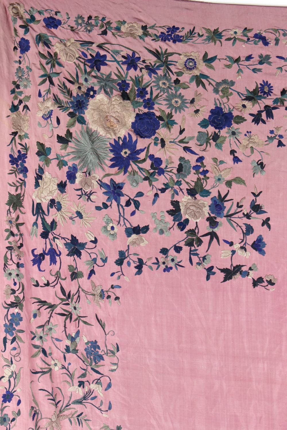 Property of a lady - an early 20th century Chinese embroidered silk shawl, decorated with flowers on - Image 2 of 3