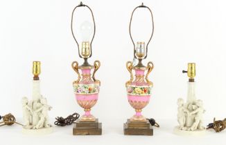 Property of a lady - a pair of 19th century pink ground porcelain vases, mounted as table lamps,