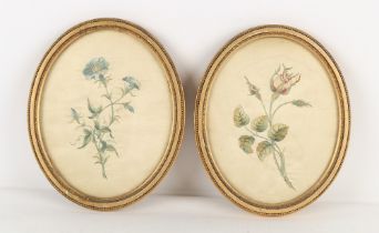 Property of a lady - a pair of late 19th / early 20th century oval embroidered silk pictures