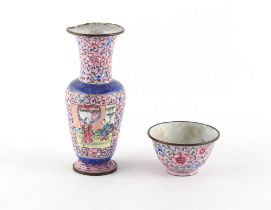 Property of a lady - a 19th century Chinese Canton enamel pink ground baluster vase, painted with