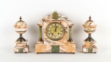 An early 20th century pink marble green onyx & bronze three-piece mantel clock garniture, the 8-