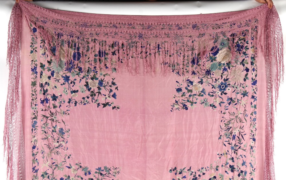 Property of a lady - an early 20th century Chinese embroidered silk shawl, decorated with flowers on - Image 3 of 3