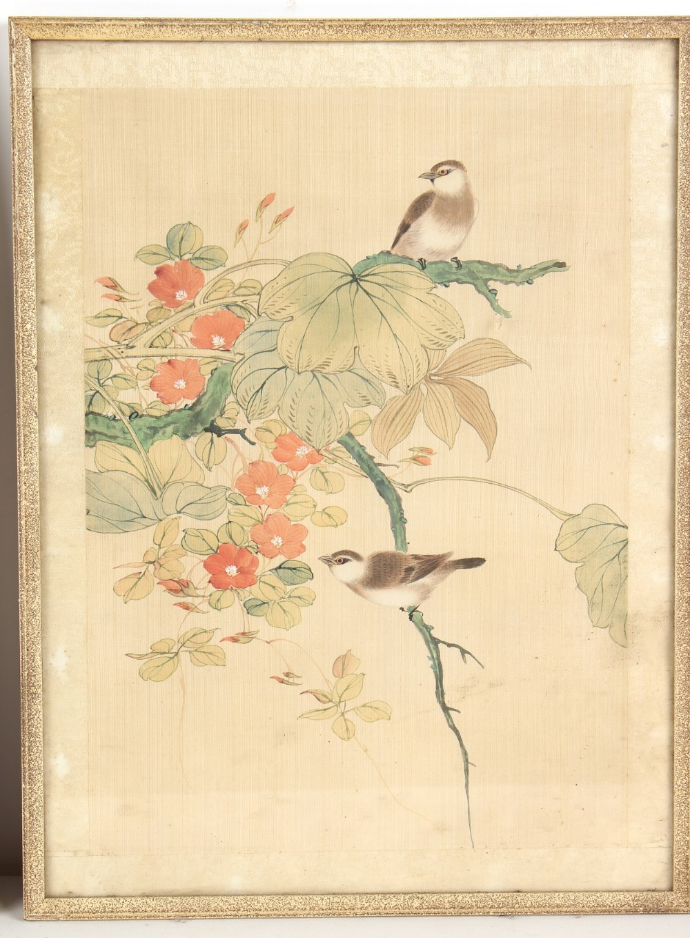 Property of a gentleman - a set of four Chinese paintings on silk depicting birds among flowering - Image 3 of 10