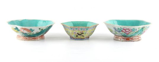 Property of a gentleman - a pair of penta-lobed shallow bowls, 19th century, each painted with a