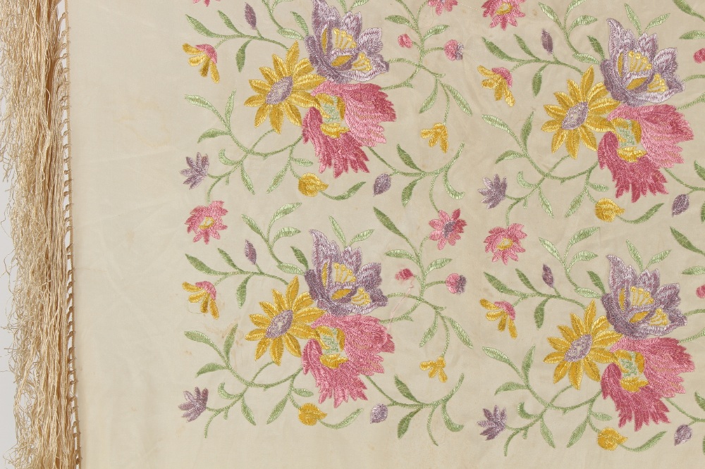 Property of a gentleman - an early 20th century Chinese silk shawl with embroidered floral - Image 2 of 3