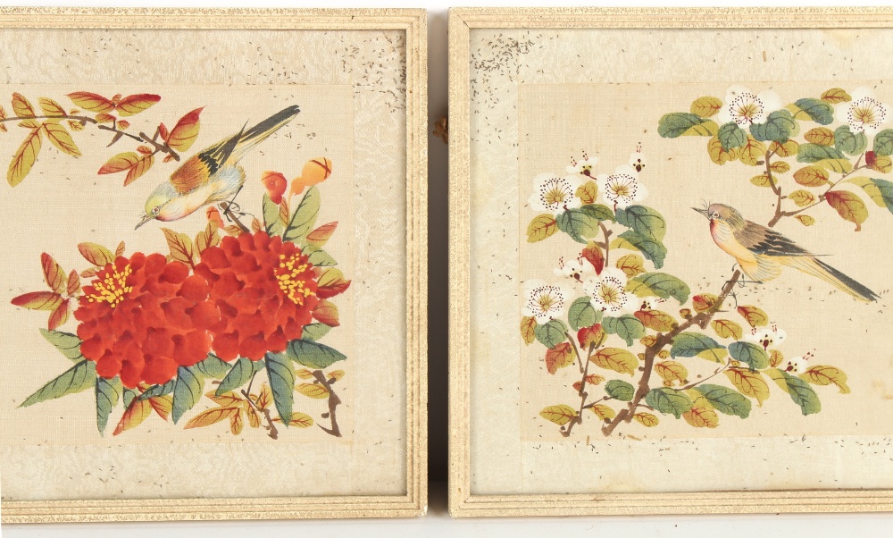 Property of a gentleman - a set of four Chinese paintings on silk depicting birds among flowering - Image 8 of 10