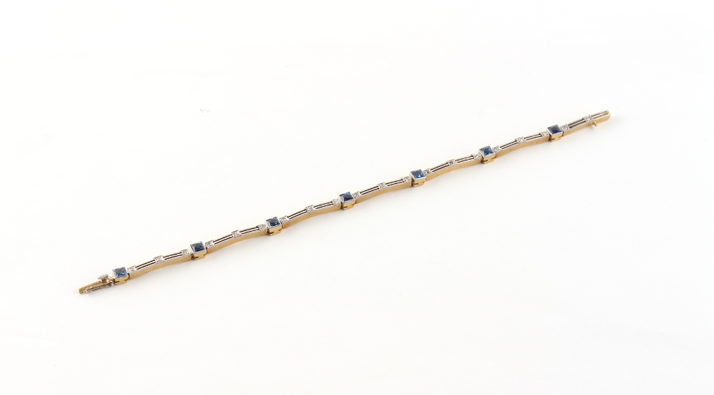 An Art Deco yellow gold & platinum sapphire & diamond link bracelet, the seven square French cut - Image 2 of 3