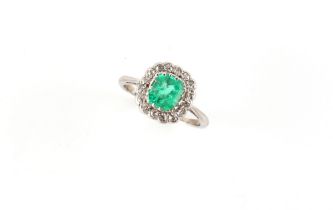 An 18ct white gold & platinum emerald & diamond ring, the octagonal cut emerald weighing