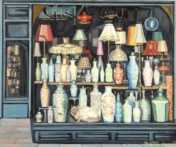 Property of a lady - Charles Sanderson (British, b.1949) - TABLE LAMPS IN SHOP WINDOW - oil on