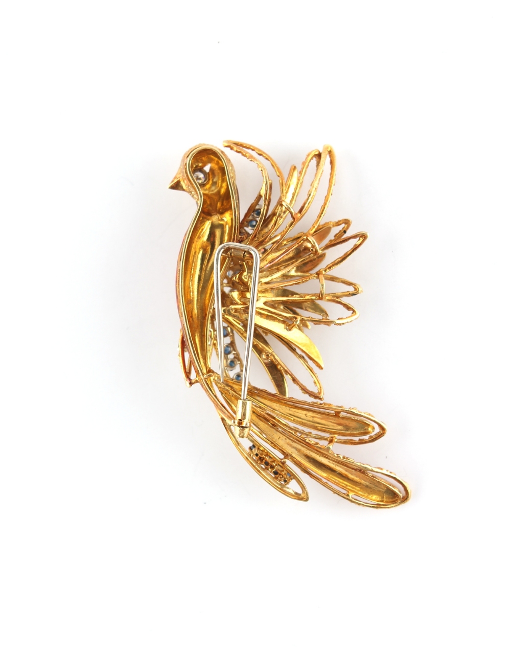 A large 18ct yellow gold enamel sapphire & diamond phoenix brooch, approximately 78mm long, - Image 3 of 3