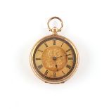 A late 19th / early 20th century 14ct gold fob watch or small pocket watch, the rear hinge broken,