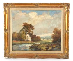 Property of a gentleman - British school, mid 20th century - LANDSCAPE WITH COTTAGE BY RIVER - oil