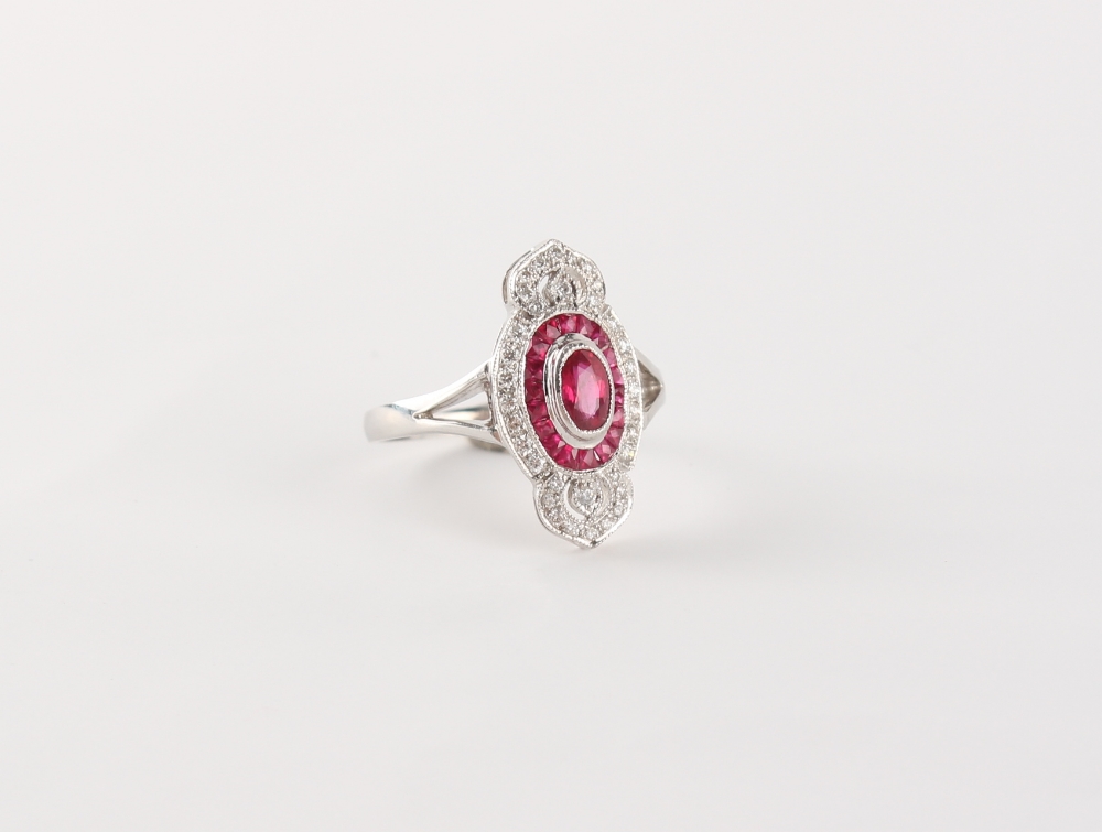 An Art Deco style 18ct white gold ruby & diamond ring, the centre oval cut ruby weighing - Image 2 of 3