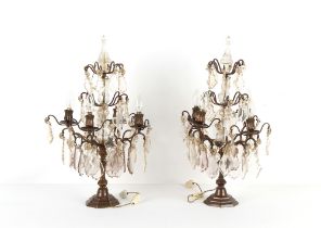 Property of a gentleman - a pair of four light table lamps, each hung with faceted glass lustre