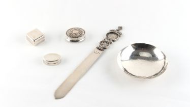 Property of a lady - a group of five small silver items including a Maltese silver paperknife, the