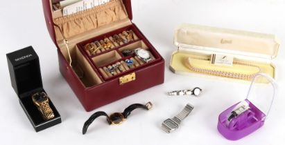 Property of a deceased estate - a box containing assorted costume jewellery & wristwatches.