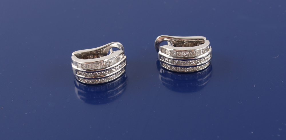 A pair of 18ct white gold diamond half hoop earrings, each set with three rows of diamonds, with - Image 3 of 3