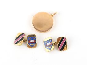 Property of a lady - a pair of unmarked 18ct gold (tested) enamel crested cufflinks, approximately