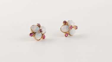 A pair of unmarked yellow gold oval opal & ruby flowerhead stud earrings, each approximately 11mm