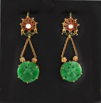 A pair of Chinese yellow gold (tests 18ct) carved jadeite red & green enamel & pearl earrings,