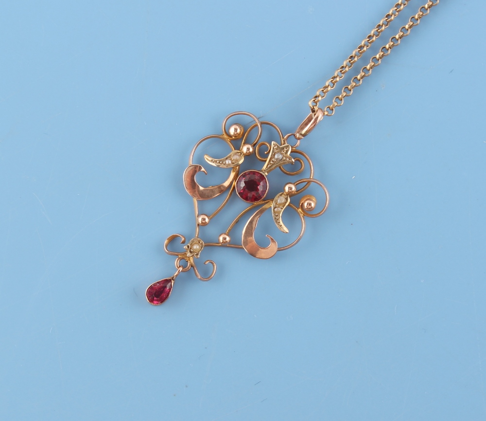 Property of a deceased estate - an Edwardian 9ct gold pendant set with red stones & seed pearls, - Image 3 of 3
