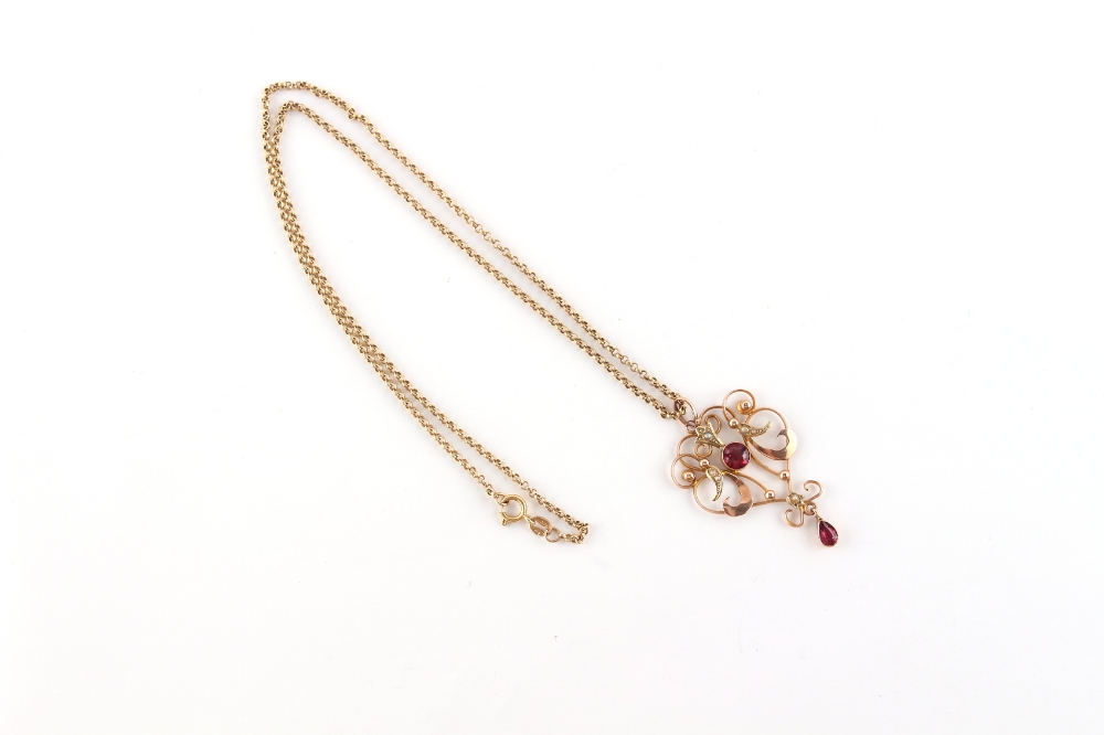 Property of a deceased estate - an Edwardian 9ct gold pendant set with red stones & seed pearls, - Image 2 of 3
