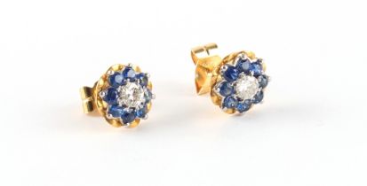 Property of a gentleman - a pair of 18ct yellow gold sapphire & diamond cluster stud earrings,