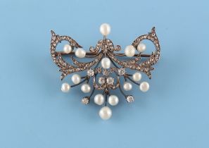 A certificated natural saltwater pearl & diamond brooch, of foliate form, the largest of the