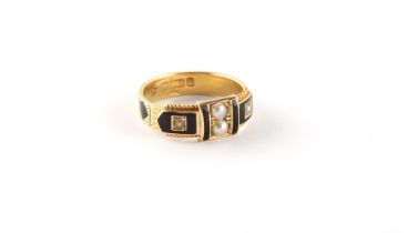 A George IV 15ct gold black enamel & seed pearl mourning ring, hallmarked Chester 1828, size N/O.