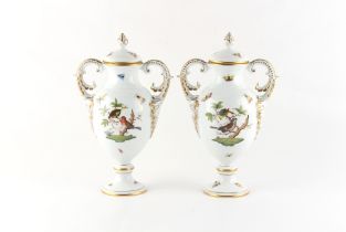 Property of a gentleman - a pair of Herend two handled vases with covers, decorated with birds &