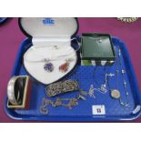 A Hallmarked Silver Hinged Bangle, modern cluster pendants, necklace, cufflinks etc :- One Tray