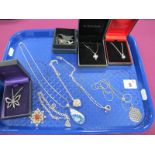 925 and Other Pendants on Chains, a curb link bracelet, etc :- One Tray