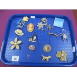 Assorted Costume Brooches, including novelty boater hat, with enamel highlights; cameo style,