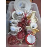 Cranberry Glass Sugar Basket, vases etc (8). Japanese tea ware with Geisha face to base of cups, a