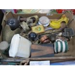 Enamel Kitchen Storage Jar, of octagonal form, brass temple bell, bean slicer, other kitchenware