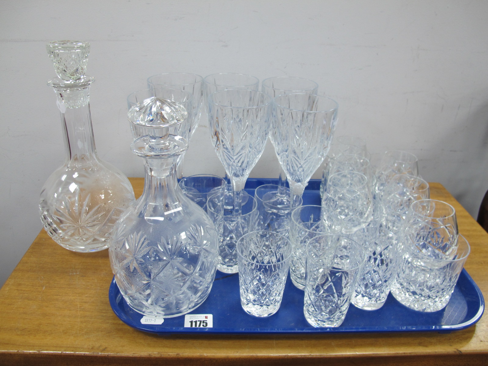 Cut Glass Decanters, Wine glasses, Whiskey glasses, Brandy glasses.