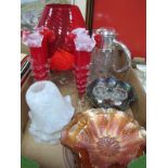 A Large Water Jug with Plated Lid, Carnival glass bowls, Ruby frill vases, shades, other glassware:-