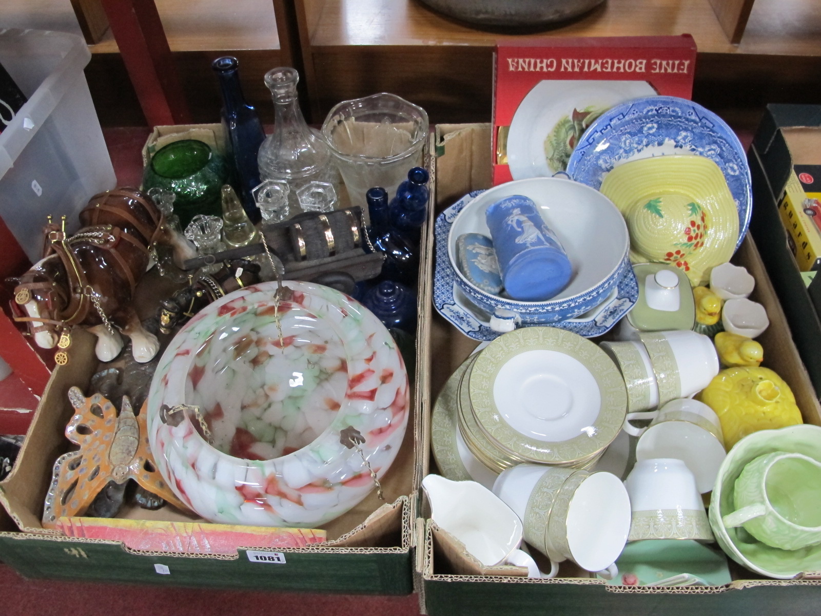 Doulton 'Sonnet' Tea Ware, wall posy, Wedgwood trinket box, glassware, ceiling light:- Two Boxes